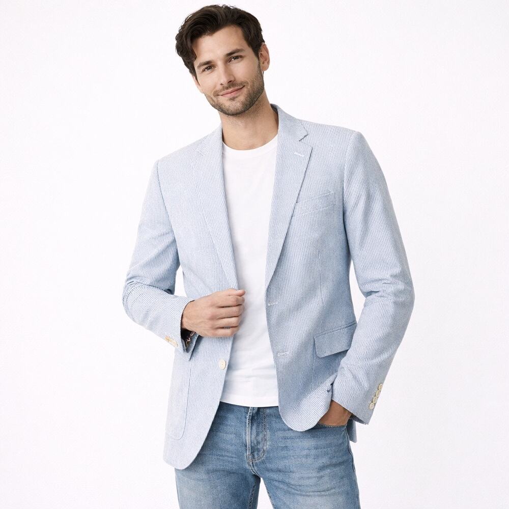 Allan Flusser 100% Cotton Pinstriped Sport Coat Blazer Jacket Blue Men's L Work
